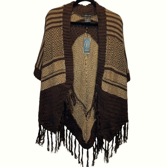 Vertigo Paris Sweaters - Vertigo All Over Print Fringe Kimono Cardigan in Java Taffy Brown Medium New